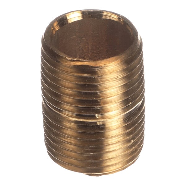 A short, cylindrical brass fitting with external threading along its entire length.