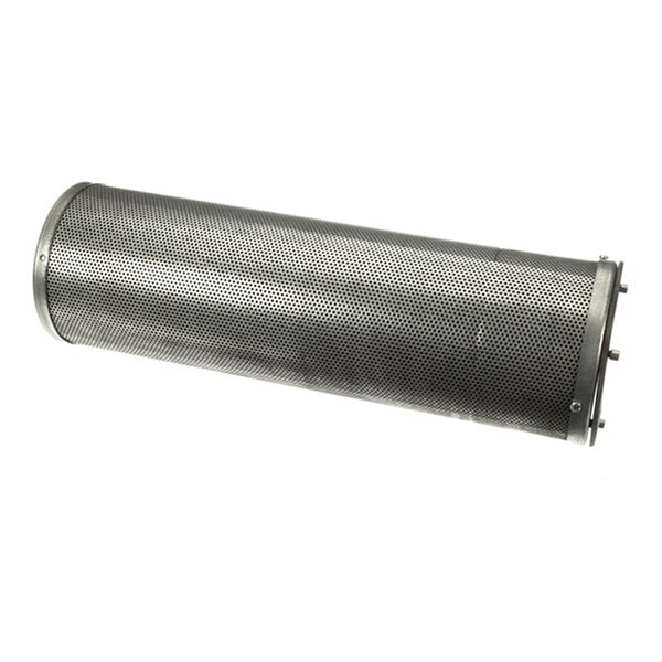 A cylindrical metal component with a perforated surface and end caps, likely used for filtration purposes.