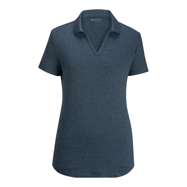 A short-sleeve, navy heathered polo shirt with a V-neck and collar, displayed on a plain white background.