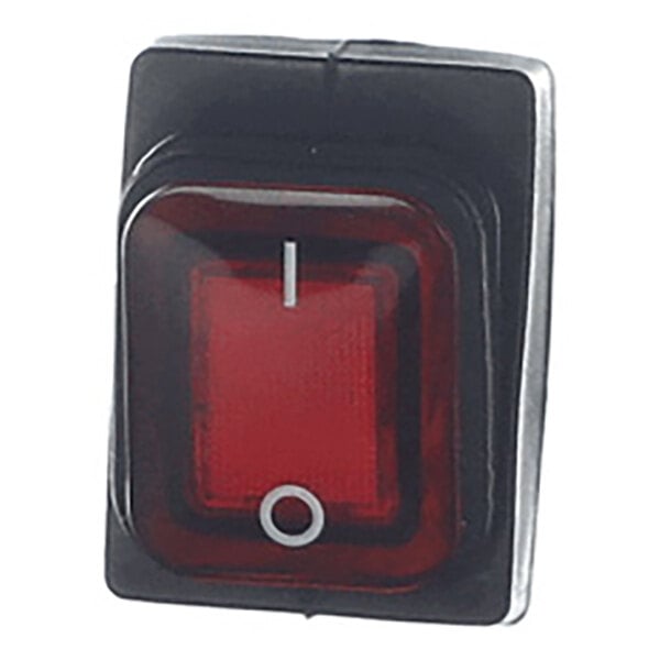A rectangular red rocker switch with a black frame, featuring a white 'I' and 'O' symbol.