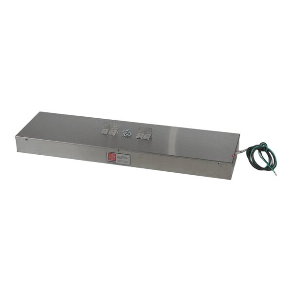 A rectangular metallic device with a smooth surface, mounting brackets, and an attached power cord.
