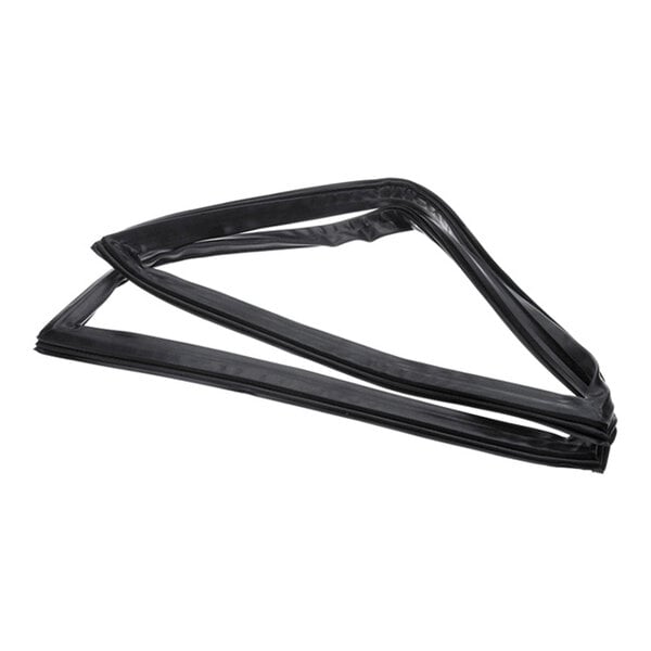 A black, flexible rubber gasket with a triangular shape, shown coiled on a white background.