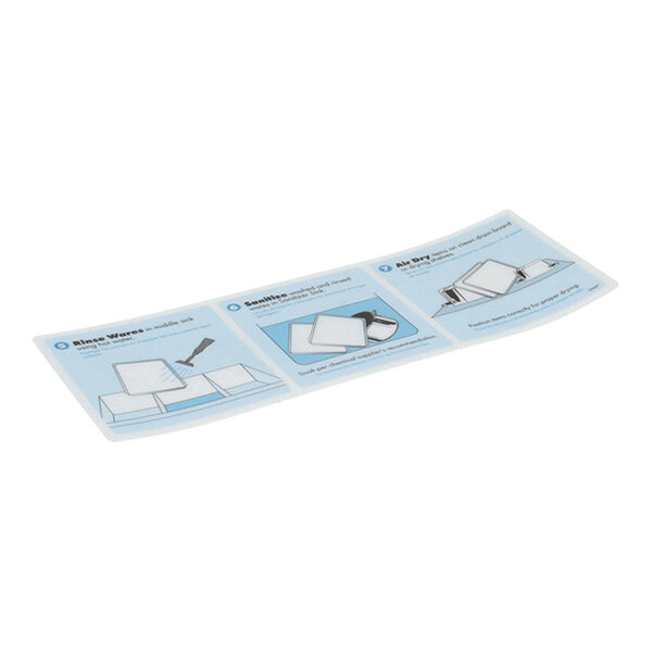A rectangular decal with illustrated instructions and blue background, showing steps for rinsing, sanitizing, and air drying items.