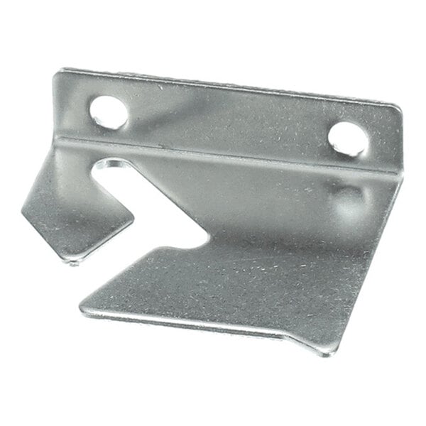 A metal bracket with two mounting holes and an angled design, featuring a cut-out section on one side.