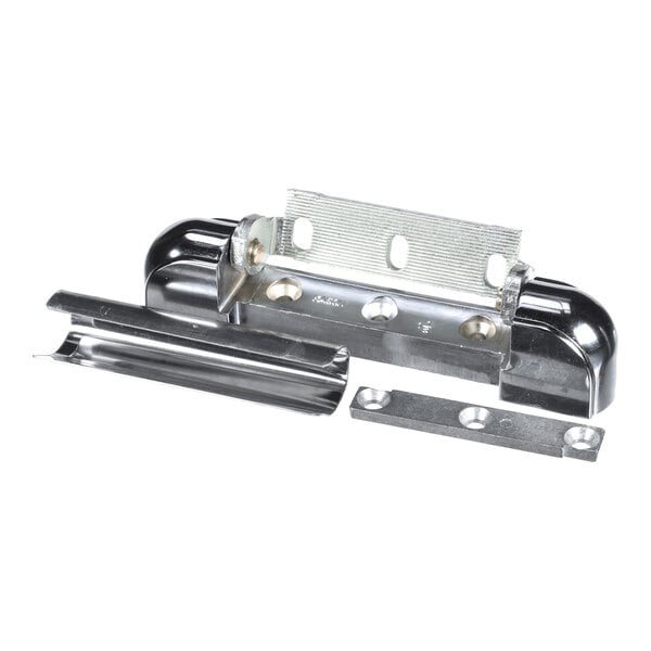 A set of metallic hinge components with a shiny finish, including a main hinge body and two separate mounting plates.