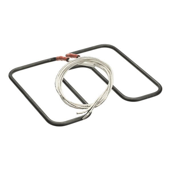 A square-shaped metal heating element with attached white electrical wires coiled in the center.