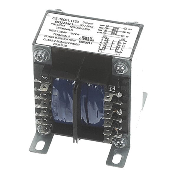 A metal-encased electrical transformer with multiple screw terminals and a label displaying technical specifications and wiring diagrams on top.
