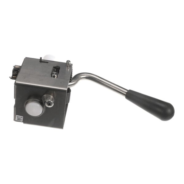 A metal handle assembly with a long, curved lever and a black grip attached to a rectangular metal housing.