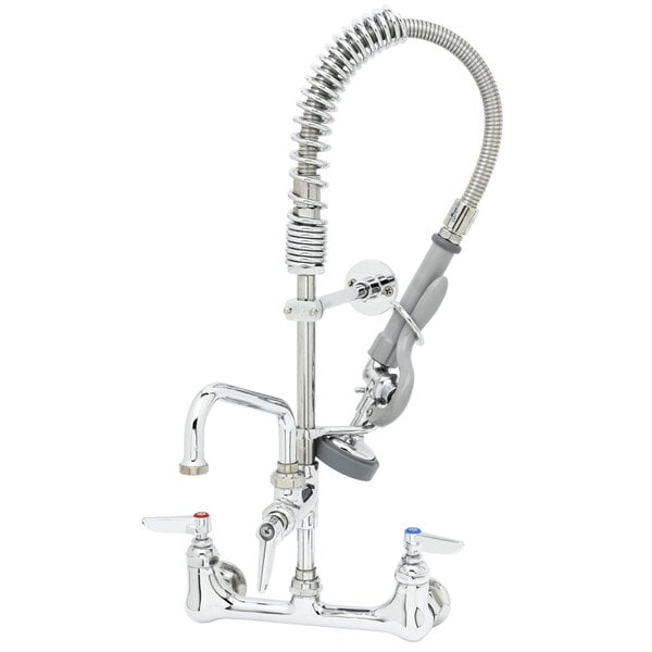 A T&S chrome pre-rinse faucet with hose attachment.