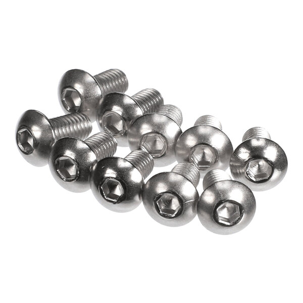 A group of ten metallic button head screws with hexagonal sockets arranged on a white background.