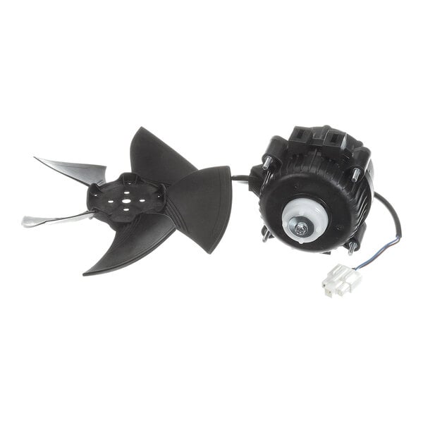 A black electric motor with an attached three-blade fan and a white connector plug.