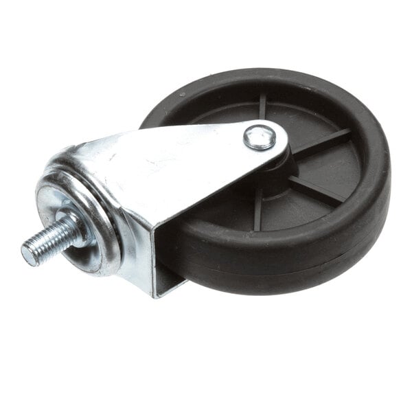 A single black caster wheel with a metal mounting bracket and a threaded stem.