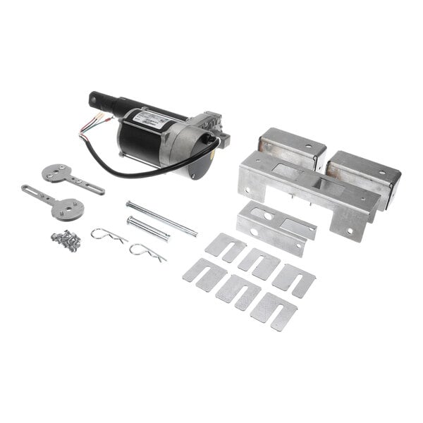 A collection of metal components, brackets, fasteners, and an electric motor with wiring, arranged on a white background.