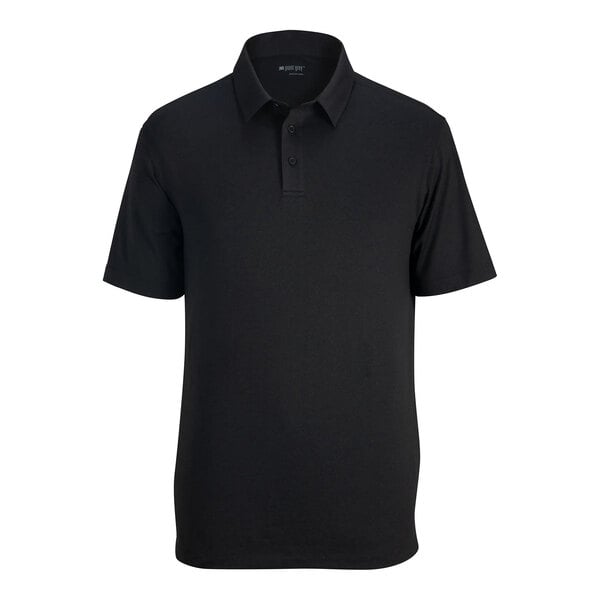 A plain black short-sleeve polo shirt with a collar and a three-button placket.