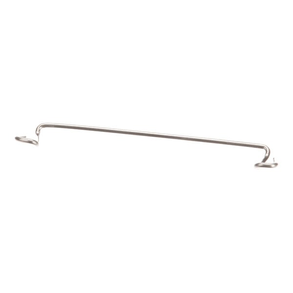 A thin, metallic rod with hooked ends, photographed against a white background.