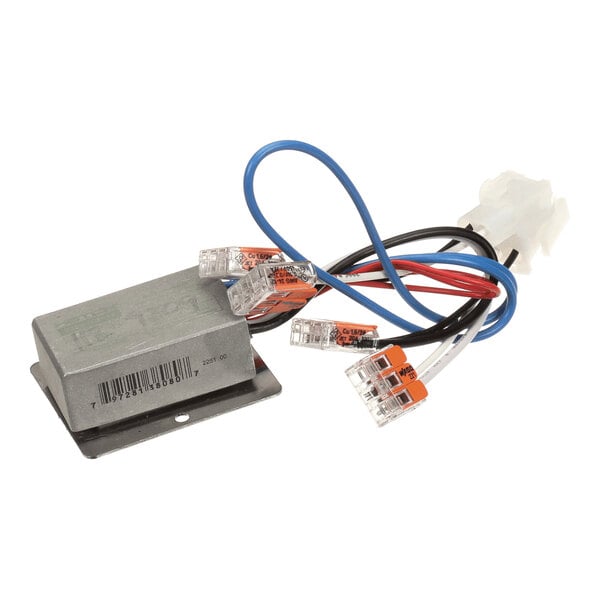 A metal-cased electrical component with attached colored wires and plastic connectors.