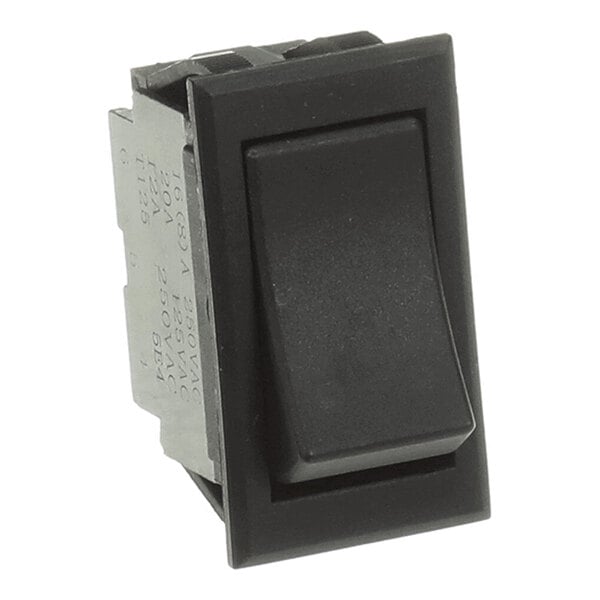 A black rectangular rocker switch with a slightly raised center and metallic side components.