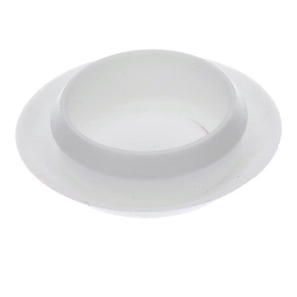 A white, round plastic cap with a raised center and a flat outer rim, designed to fit into a hole.