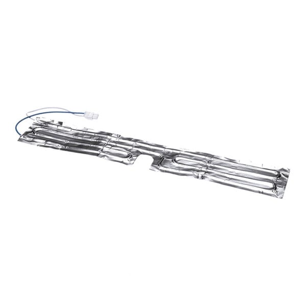 A long, flat metallic heating element with an attached wire and connector, designed for installation in equipment.