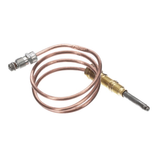 A coiled copper tube with metal fittings on both ends, resembling a thermocouple component.