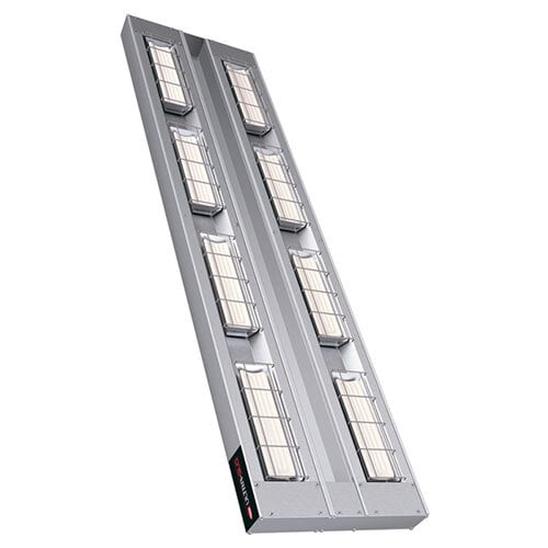 A long metal rectangular Hatco infrared warmer with many small cells for lights.