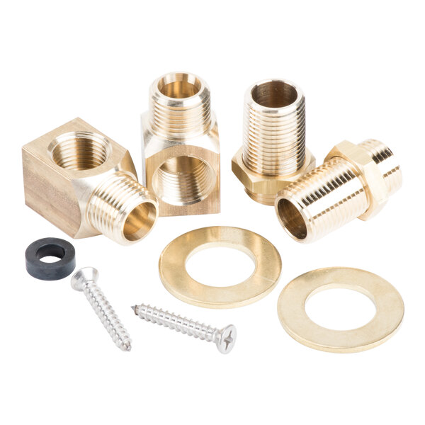 A gold metal T&S pet grooming faucet with brass plumbing fittings.