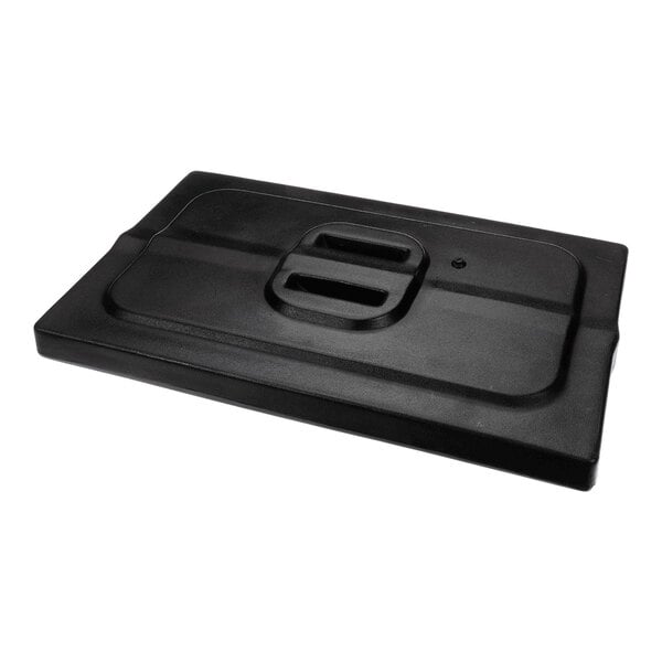 A rectangular black plastic cover with a raised central handle and indented edges, viewed from an angle.