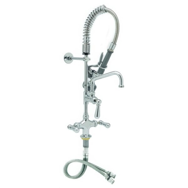 A chrome T&amp;S pre-rinse faucet with flex inlets, club handles, and a hose.