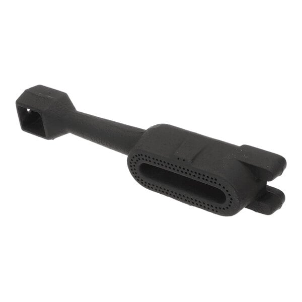 A black, rectangular metal burner component with a perforated oval opening and a square connector on one end.