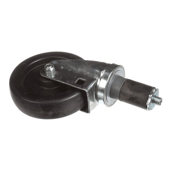 A single black caster wheel with a metal mounting bracket and a cylindrical attachment fitting.