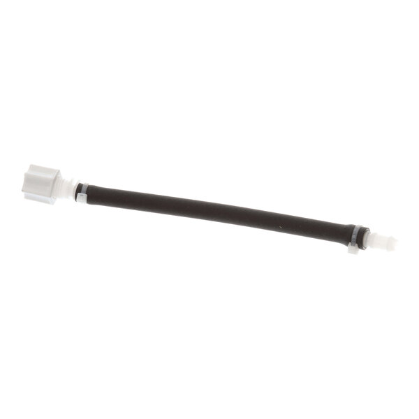 A black flexible tube with white fittings on both ends, shown against a white background.