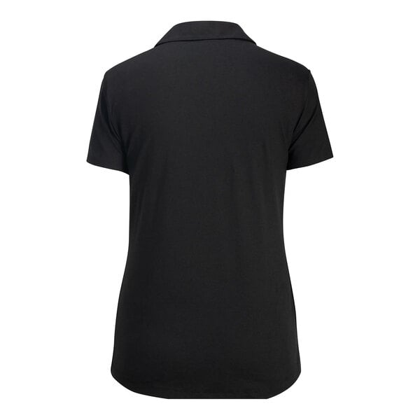 The image shows the back view of a black short-sleeve collared shirt.