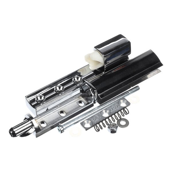 A set of shiny metallic hinge components with screws, springs, washers, and mounting plates arranged on a white background.