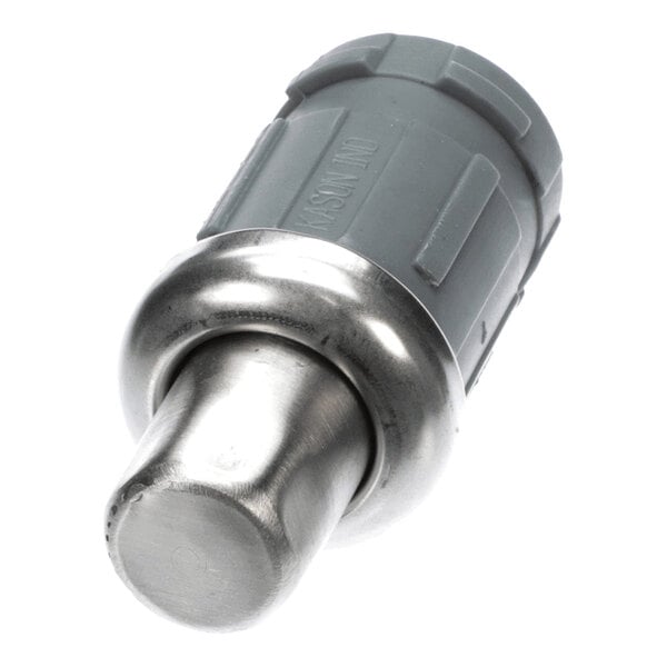 A cylindrical metal and plastic component with a rounded end and textured grip, likely a foot or bumper part.