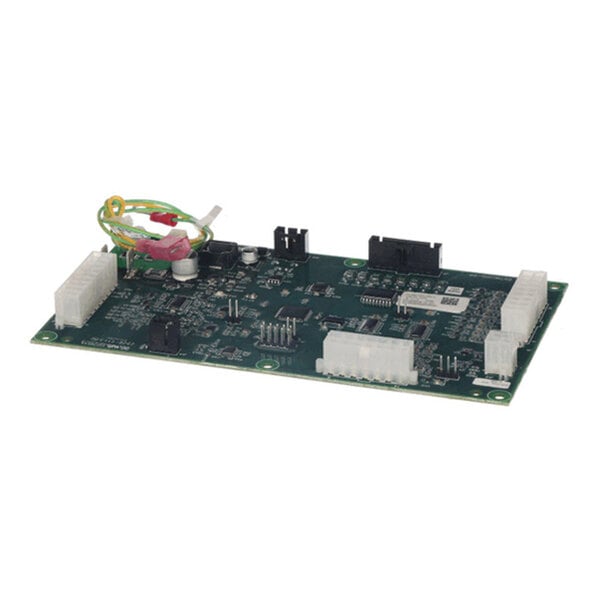 A green circuit board with various electronic components, connectors, and a few attached wires.