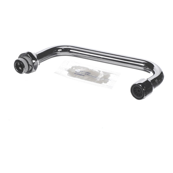 A chrome-colored, L-shaped metal pipe with threaded ends and a small packet placed underneath it, likely used as a faucet or spout component.