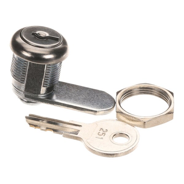 A metal cam lock with a matching key and a hexagonal mounting nut, all placed on a white background.