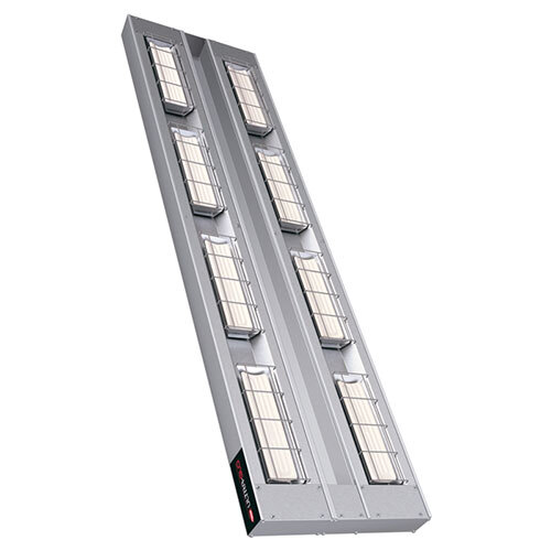 A long metal rectangular light fixture with many small cells holding two rows of lights.