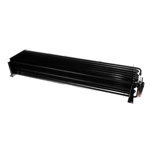 A black metal component with coiled tubes and fins, likely part of a refrigeration or cooling system.