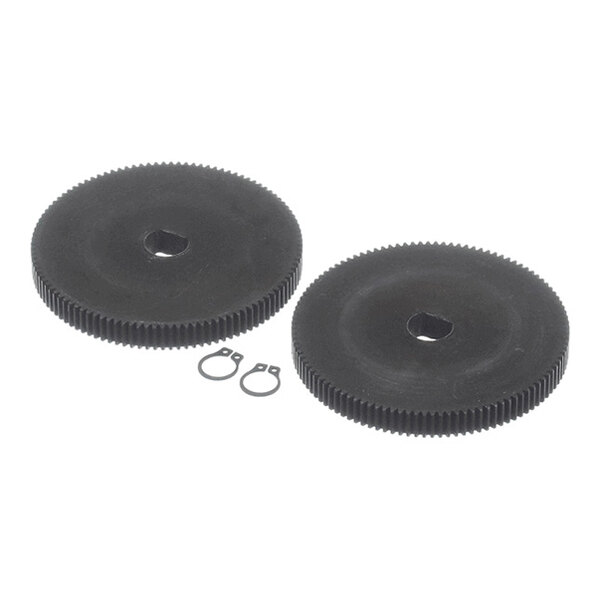 Two black circular gears with fine teeth along the edges and two small metal retaining rings are shown on a white background.