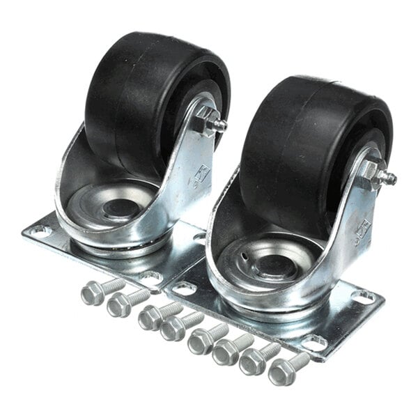 Two heavy-duty caster wheels with metal mounting plates and eight bolts, shown on a white background.