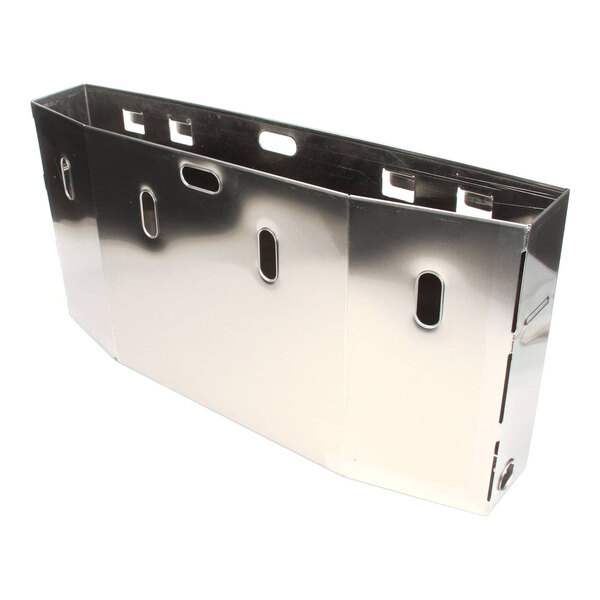 A shiny, metallic rectangular container with several oval and rectangular cutouts on its sides and top edges.