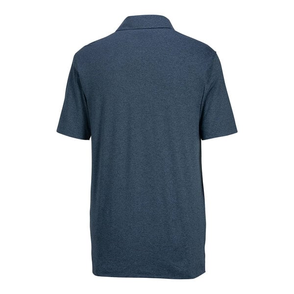 A navy heather short-sleeve polo shirt shown from the back.