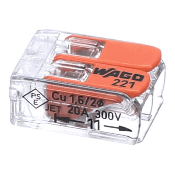 A transparent plastic electrical connector with two orange levers and printed specifications on the side.