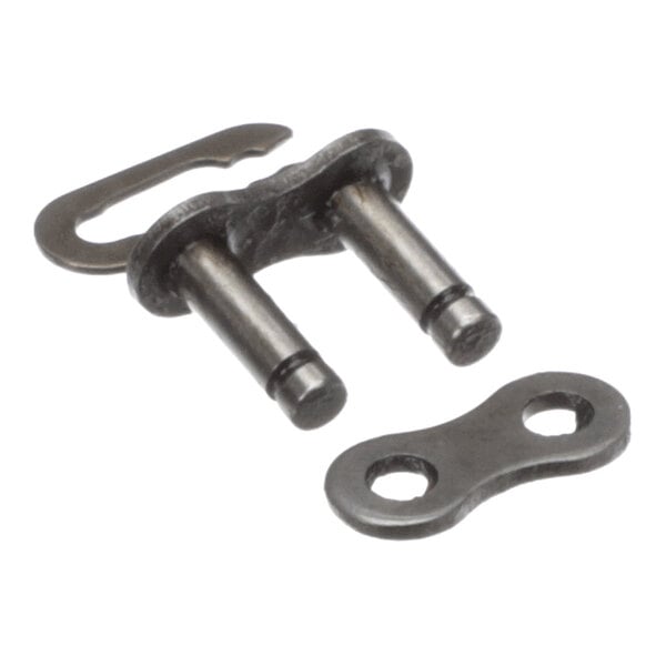 A metal chain connector link with two pins, a flat plate with two holes, and a clip, all shown on a white background.