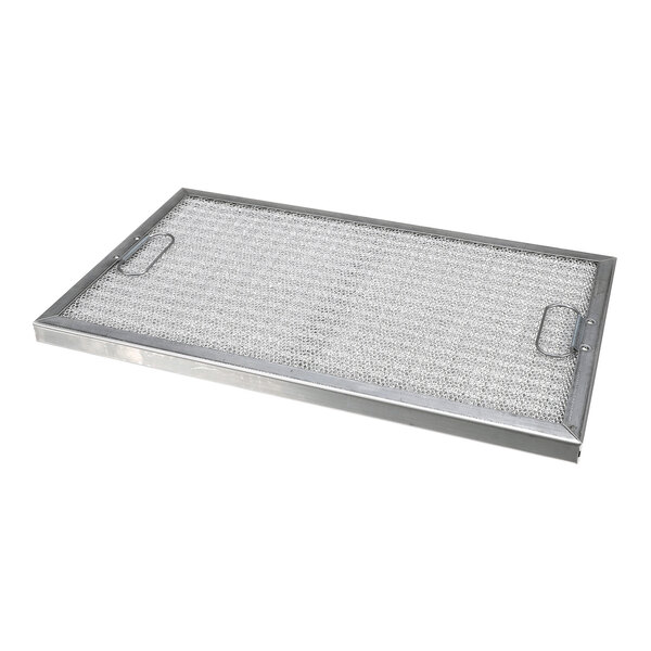 A rectangular metal mesh filter with a sturdy frame and two built-in handles.
