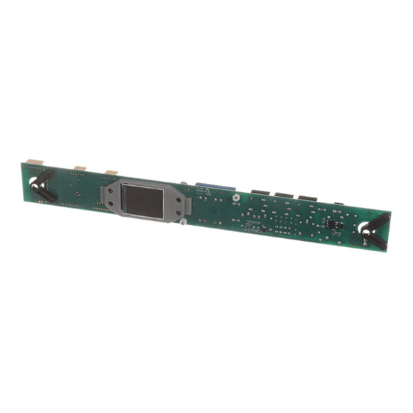 A rectangular green circuit board with various electronic components and connectors mounted on it.