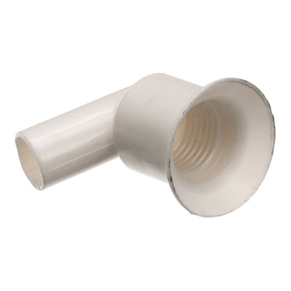 A white plastic elbow connector with a threaded interior and a flared end.