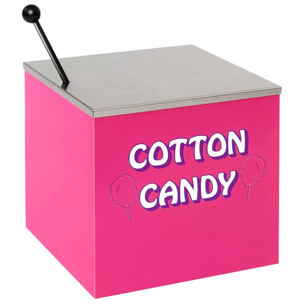 A pink Paragon cotton candy stand with a black handle.