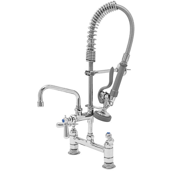 A T&S chrome pre-rinse faucet with hose and sprayer.